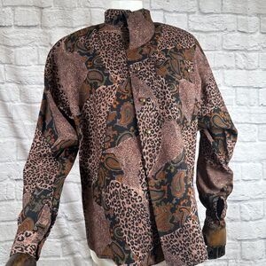 VTG Shiang Lan Long Sleeve Womens Medium Button Up Blouse Top Paisley Leopard